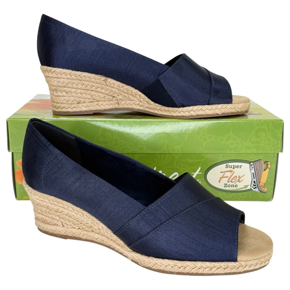 easy street Navy Espadrille Peep Toe Wedge Sandals